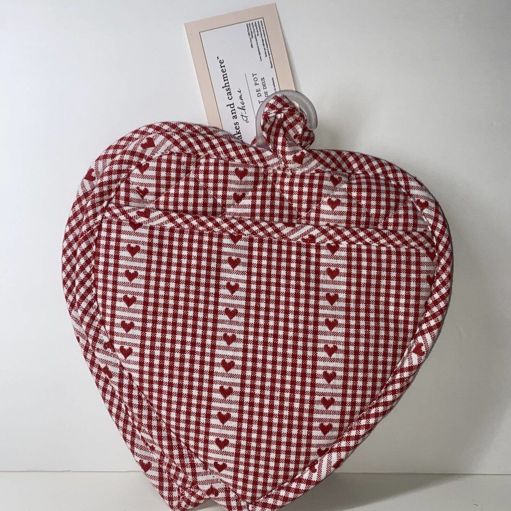 Set of Two Red And White Checkered Gingham Embroidered Hearts Pot Holder